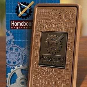 Large chocolate bar with company logo and packaging