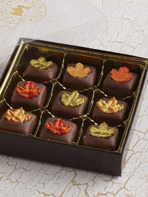 9 pieces of milk chocolate covered caramels with a leaf icing decal in a flat box